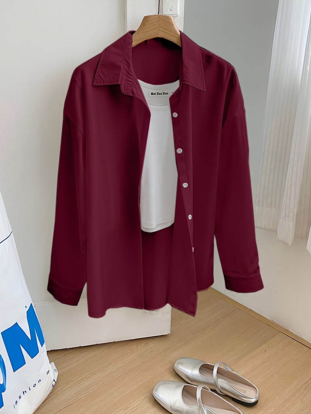 Solid Color Long Sleeve French Shirt for Women New Arrival - Burgundy