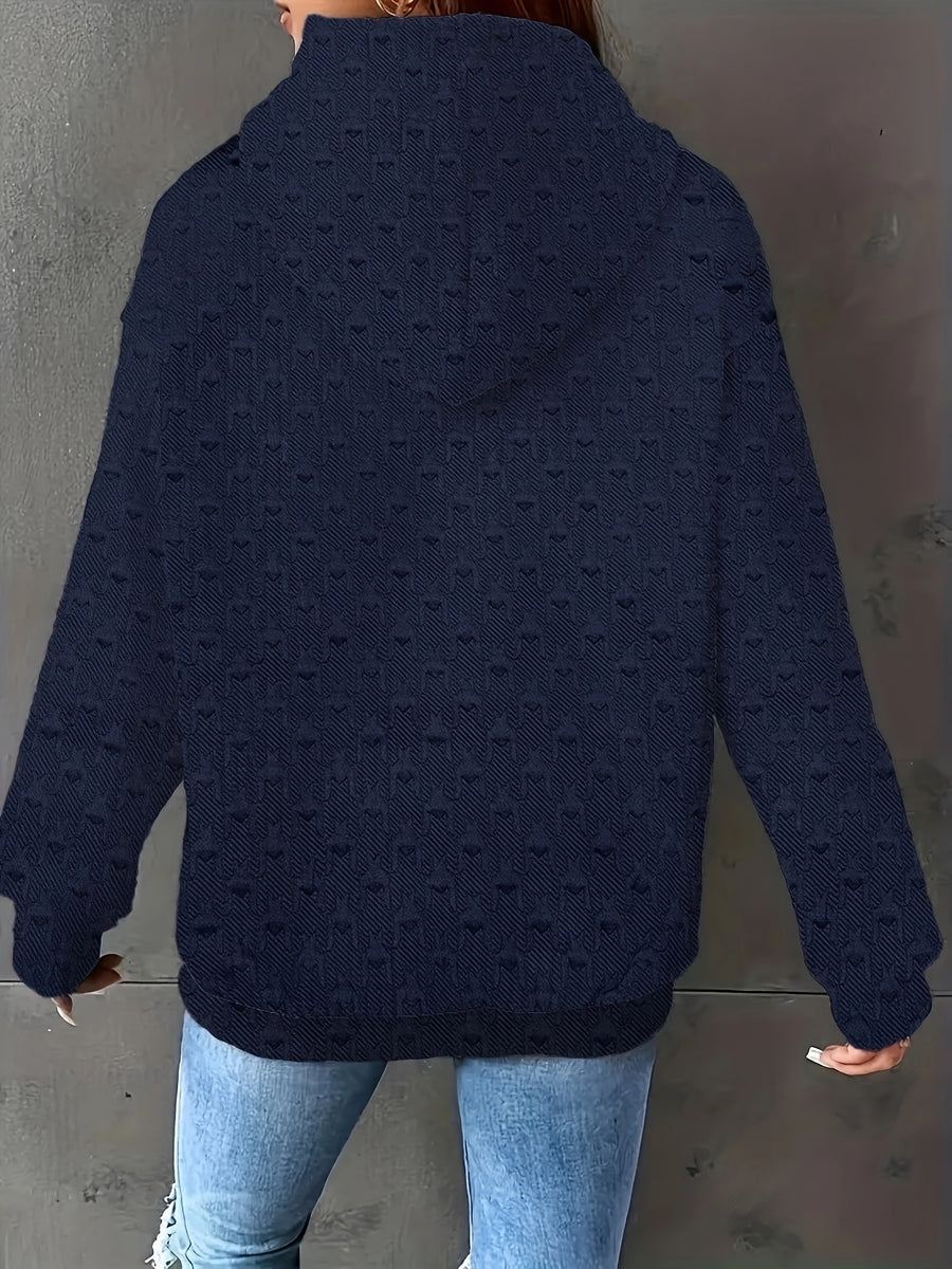 Women's Autumn/Winter Waffle Hooded Long-Sleeve Solid Color Sweatshirt - Navy Color