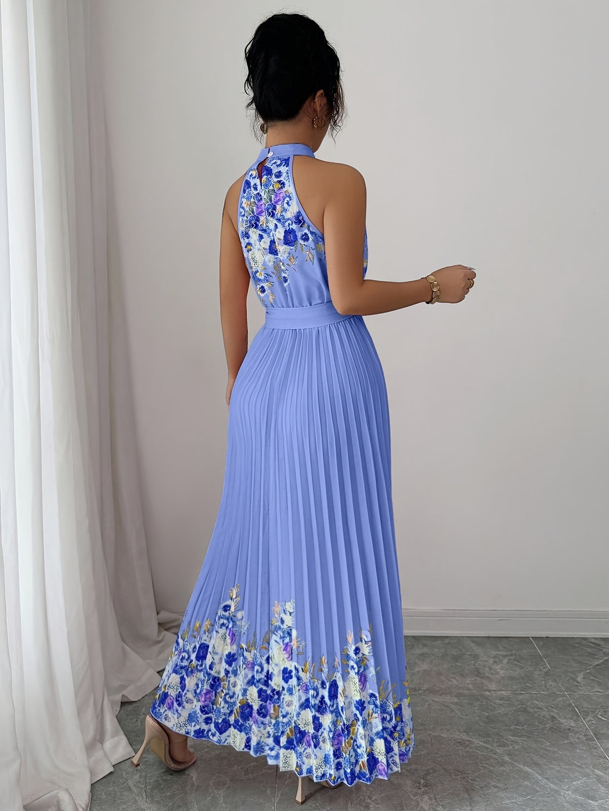 Fashionable New Women'S Summer Halter Floral Print Pleated Dress - Dark Blue
