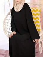 Elegant Women's Crew Neck Long Sleeve Kaftan Dress - Solid Color Fitted Maxi Dress, Machine Washable All-Season Versatile Traditional & Modern Style, Fitting Dresses for Ladies, Casual Elegant Wear, Durable Garment - Black