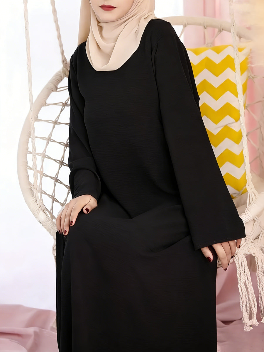 Elegant Women's Crew Neck Long Sleeve Kaftan Dress - Solid Color Fitted Maxi Dress, Machine Washable All-Season Versatile Traditional & Modern Style, Fitting Dresses for Ladies, Casual Elegant Wear, Durable Garment - Black