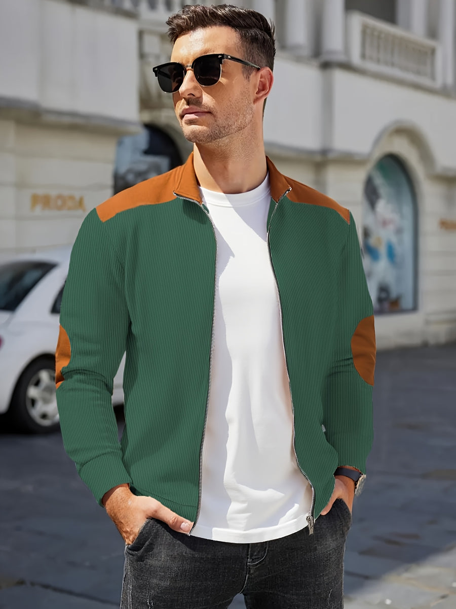 Men'S Casual Jacket, Stylish And Versatile, Spring And Autumn Windbreaker for Men, Featuring a Color-Block Design, Suitable for Dry Cleaning - Perfect for Everyday Wear And Outdoor Commuting - Dark Green