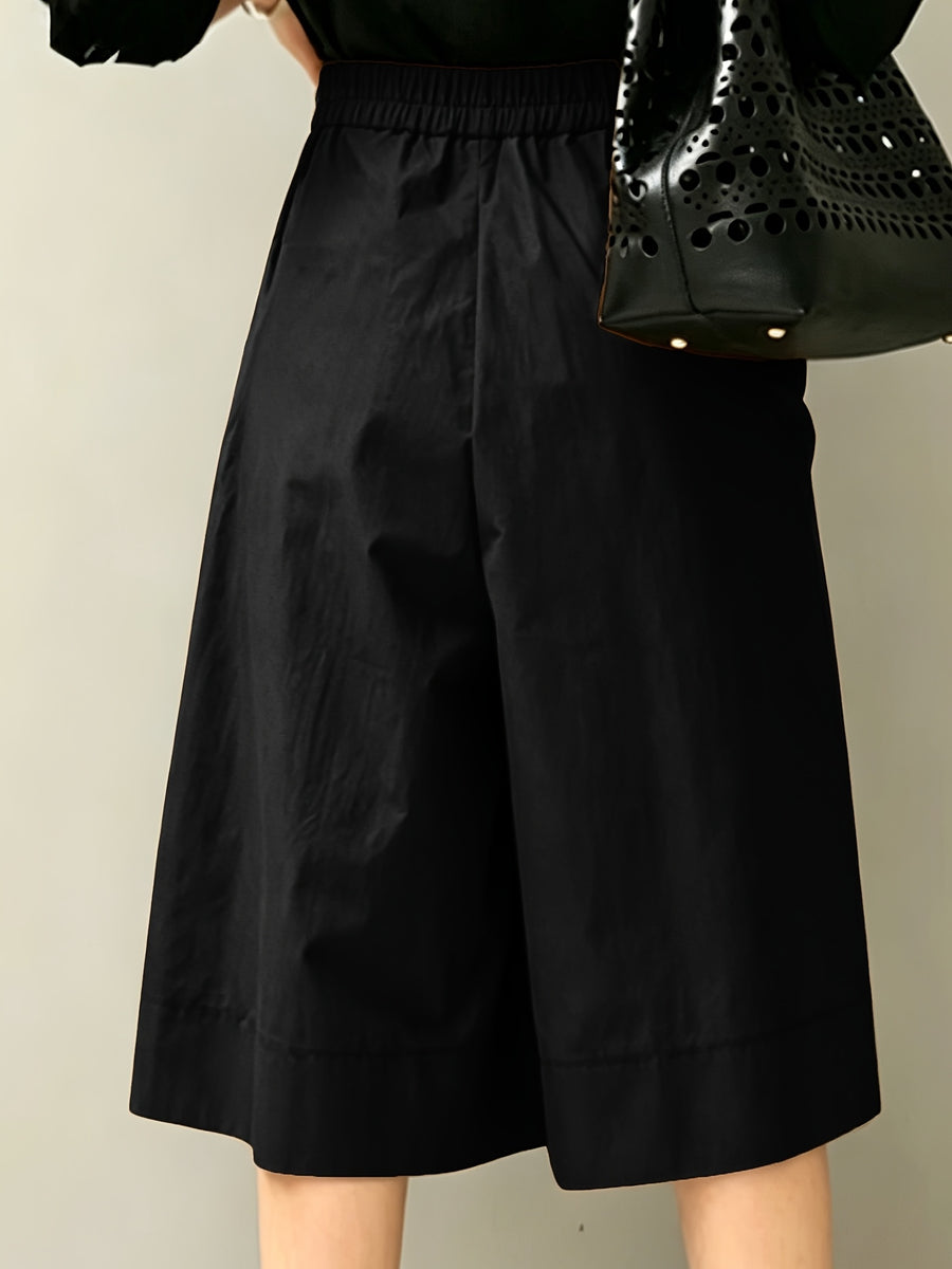High-Waist Elastic Waist Women'S Capri Wide-Leg Skirt Pants, Side Large Pocket Design, Loose Skirt Silhouette, Breathable Fabric, Summer Casual Wear Choice - Black
