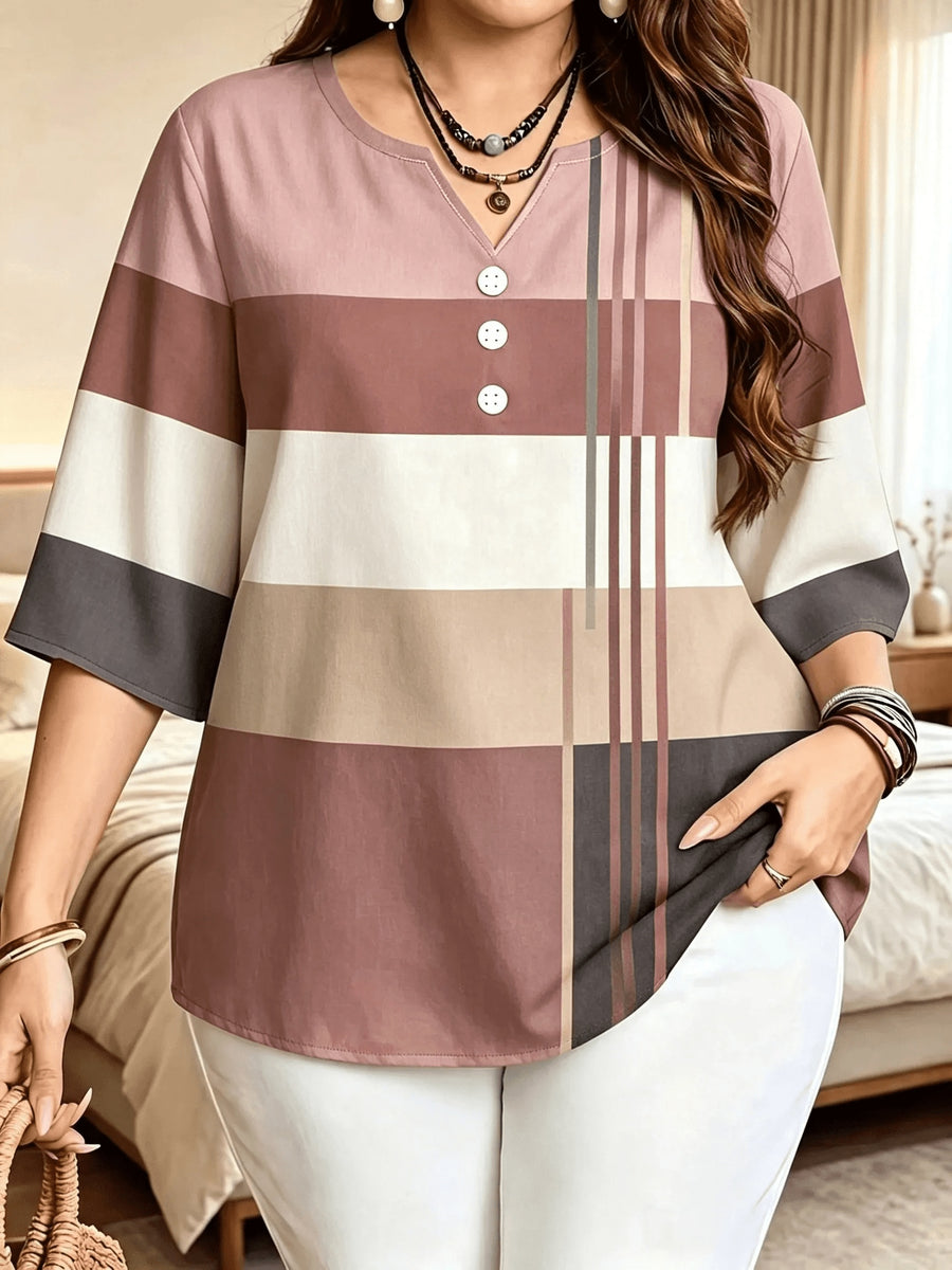 Printed Design – Not Textured. Women's Casual Button-Patch Colorblock V-Neck Three-Quarter Sleeve T-Shirt, a Perfect Gift for. - Mixed Color B