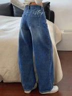 Women'S Gradient Light Blue Washed Long Wide Leg Denim Pants, High Waist Single Button Classic Five Pocket Cut with Side Vertical Stitching, High Stretch Fabric for Multi-Scene Commuter And Date Outfits - Blue