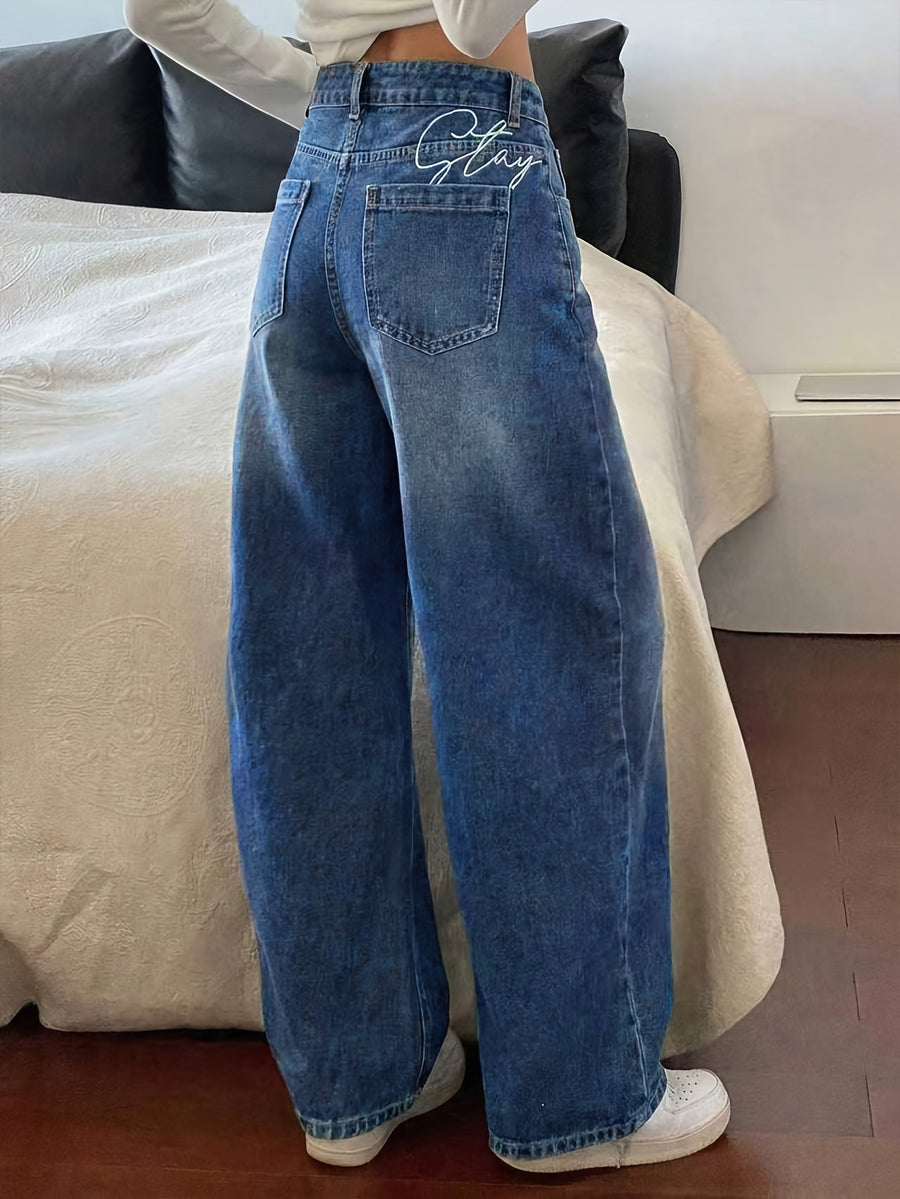 Women'S Gradient Light Blue Washed Long Wide Leg Denim Pants, High Waist Single Button Classic Five Pocket Cut with Side Vertical Stitching, High Stretch Fabric for Multi-Scene Commuter And Date Outfits - Blue