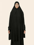 An Elegant Muslim Women's Headscarf Abaya with Elasticized Cuffs and Loose Fit - a Lightweight, Breathable, Quick-drying Festive Prayer Abaya Featuring a Soft, Airy Double-layer Large Headscarf. Suitable for Eid, Daily Wear, and Outdoor - Black