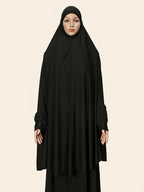 An Elegant Muslim Women's Headscarf Abaya with Elasticized Cuffs and Loose Fit - a Lightweight, Breathable, Quick-drying Festive Prayer Abaya Featuring a Soft, Airy Double-layer Large Headscarf. Suitable for Eid, Daily Wear, and Outdoor - Black