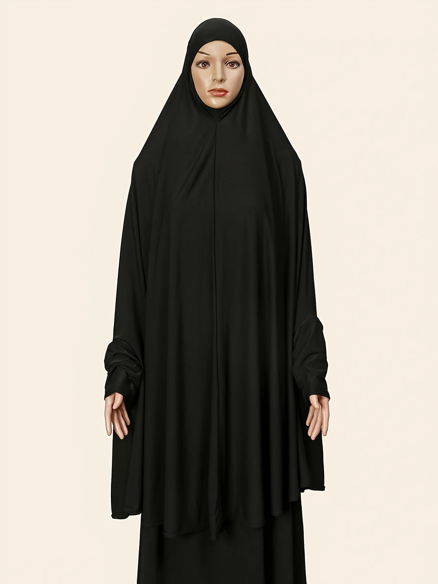 An Elegant Muslim Women's Headscarf Abaya with Elasticized Cuffs and Loose Fit - a Lightweight, Breathable, Quick-drying Festive Prayer Abaya Featuring a Soft, Airy Double-layer Large Headscarf. Suitable for Eid, Daily Wear, and Outdoor - Black