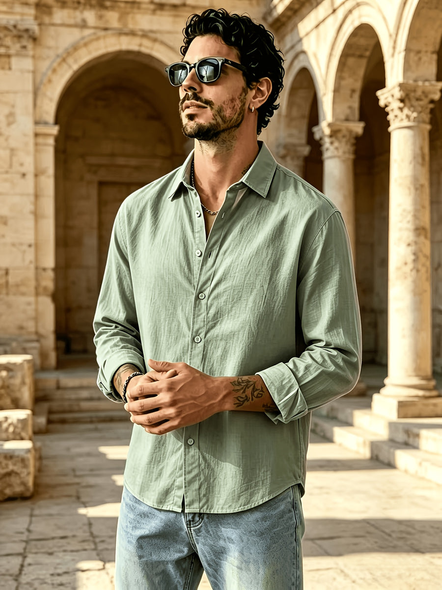 Men's Button Front Long Sleeve Shirts for Summer, Classic Solid Color Lapel Casual Work Shirts, Loose Fit Lightweight Breathable Daily Tops, Vintage Fashion Outdoor Vacation Blouses - fern green