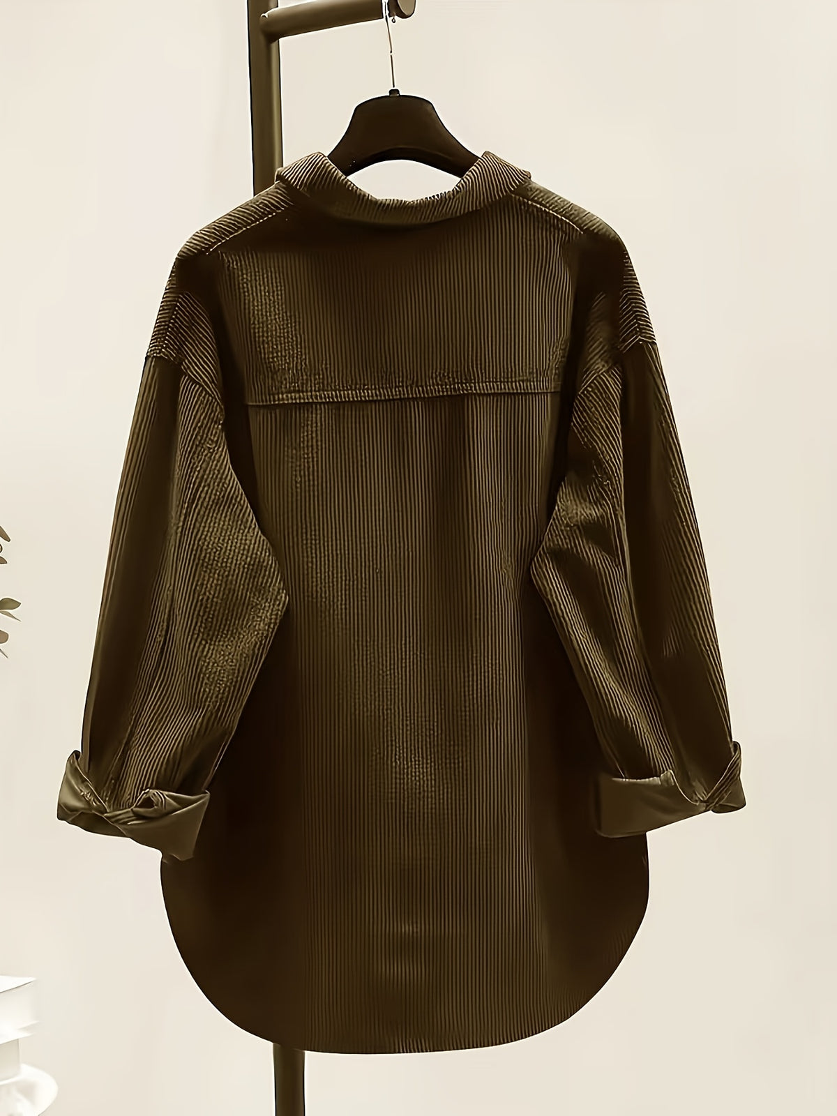 Plus Size, Women's Plus Size Corduroy Button-Front Shirt Jacket - Elegant Loose Fit Blouse, Spring Summer Fall Casual Outerwear, Machine Washable Layering Piece for to Weekend (No Bulk) - 【Brown】