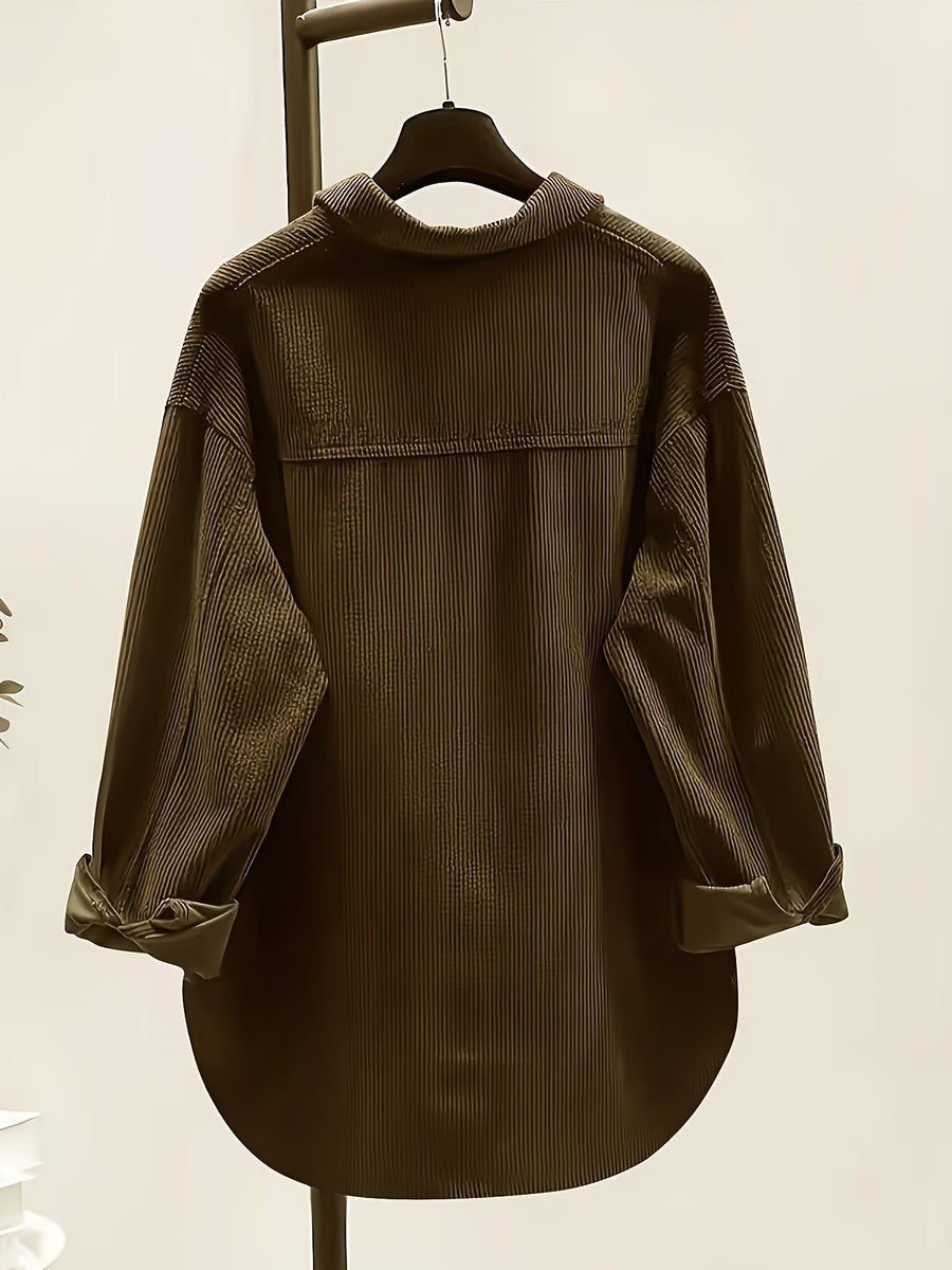 Plus Size, Women's Plus Size Corduroy Button-Front Shirt Jacket - Elegant Loose Fit Blouse, Spring Summer Fall Casual Outerwear, Machine Washable Layering Piece for to Weekend (No Bulk) - 【Brown】