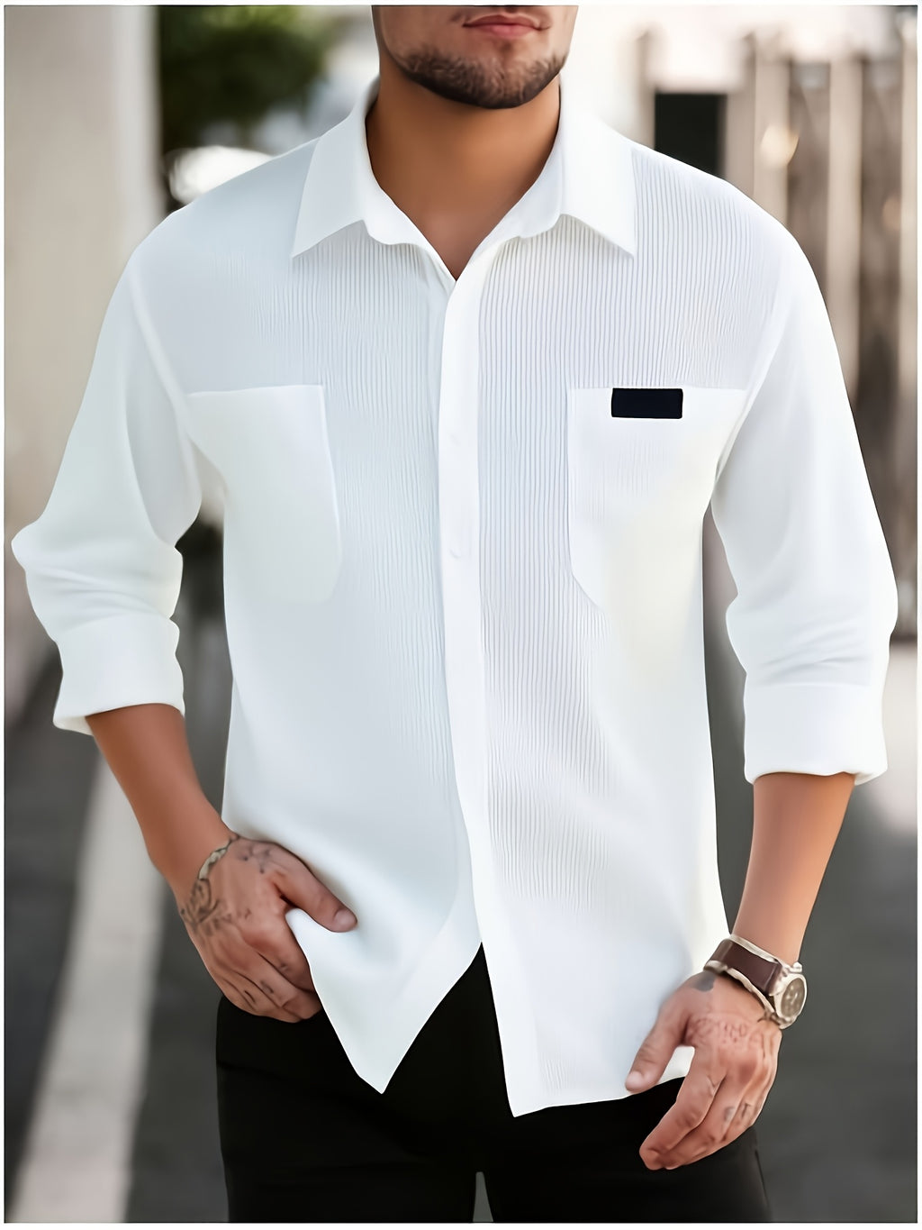 Spring And Autumn Men'S Corduroy Shirt (Jacket) Long Sleeve Lapel Double Pocket Regular Casual Retro Cool Top (Multi-Color) - White