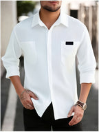 Spring And Autumn Men'S Corduroy Shirt (Jacket) Long Sleeve Lapel Double Pocket Regular Casual Retro Cool Top (Multi-Color) - White