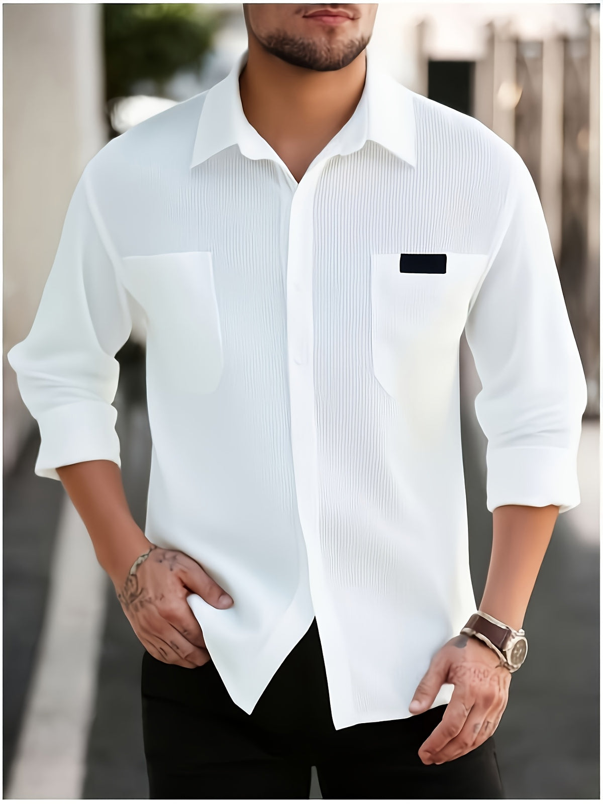 Spring And Autumn Men'S Corduroy Shirt (Jacket) Long Sleeve Lapel Double Pocket Regular Casual Retro Cool Top (Multi-Color) - White