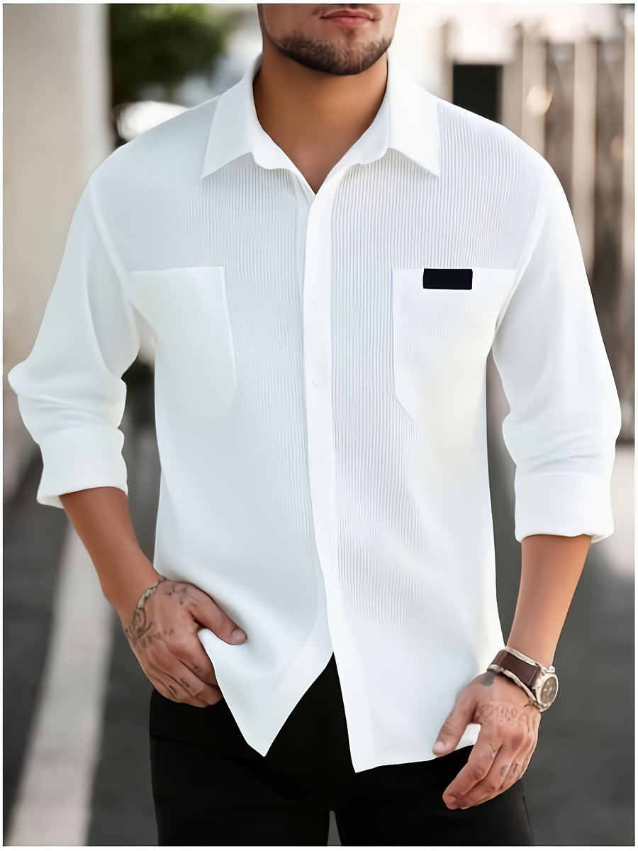 Spring And Autumn Men'S Corduroy Shirt (Jacket) Long Sleeve Lapel Double Pocket Regular Casual Retro Cool Top (Multi-Color) - White