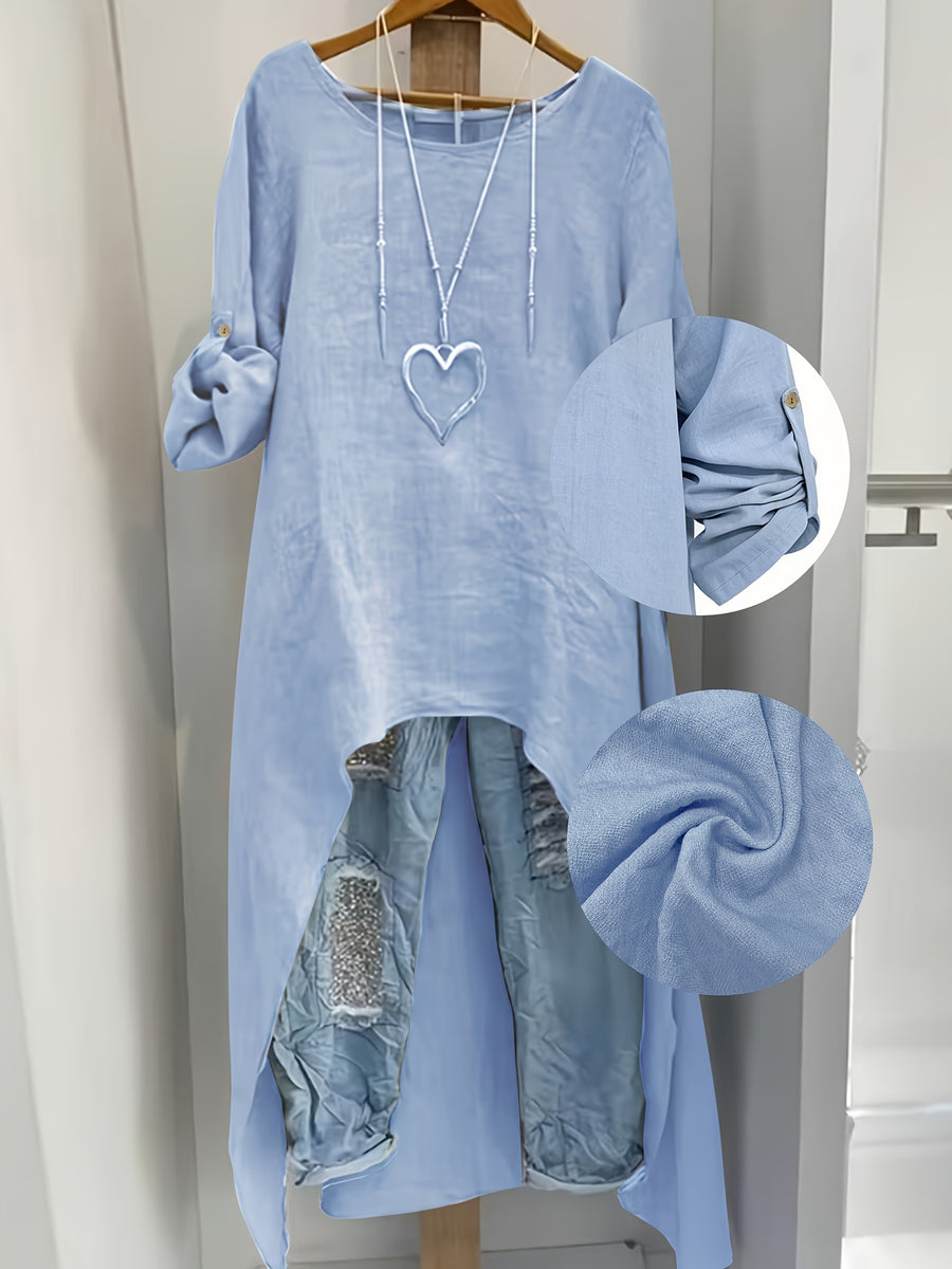 Women' Elegant Asymmetric Oversized Shirt - Loose Fit Long Sleeve Round Neck Blouse with Short Front & Extended Back Length, Layering Piece Suitable for Spring/Fall, Casual to Dressy Wear (No Stretch) - Blue