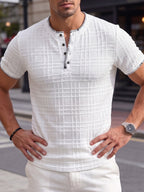 3pcs Set Men'S Fashion Men'S Top Spring Summer Outdoor Casual Fashion Jacquard Texture Fabric Contrast Round Neck Single-Button Short Sleeve Men'S Henley Shirt - Polychrome