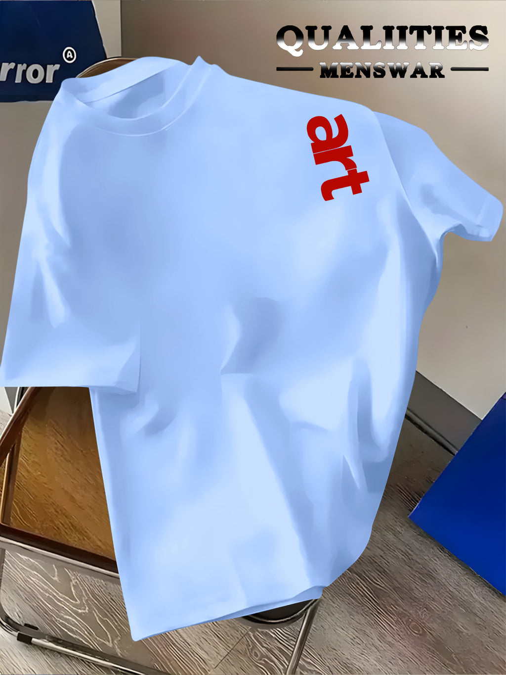 Men'S Fashion Short Sleeve T-Shirt, Minimalist Red Letter Pattern Print, Casual Regular Knit Tee, Suitable for Daily Wear, Couple Style, Unisex, Summer New Arrival, Versatile Style - Light Blue