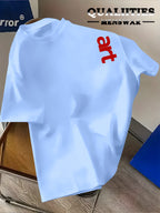 Men'S Fashion Short Sleeve T-Shirt, Minimalist Red Letter Pattern Print, Casual Regular Knit Tee, Suitable for Daily Wear, Couple Style, Unisex, Summer New Arrival, Versatile Style - Light Blue