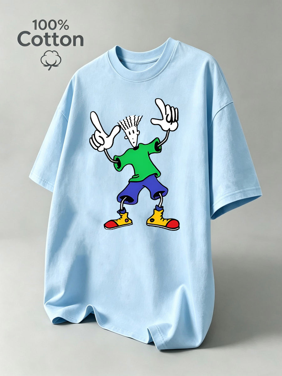 New Summer Cartoon Men's Casual Sport Fitness Pure Cotton Short-Sleeve Shirt, Moisture-Wicking and Sweat-Absorbing, Comfortable for Casual Streetwear and Outdoor Sports Fitness - Light Blue