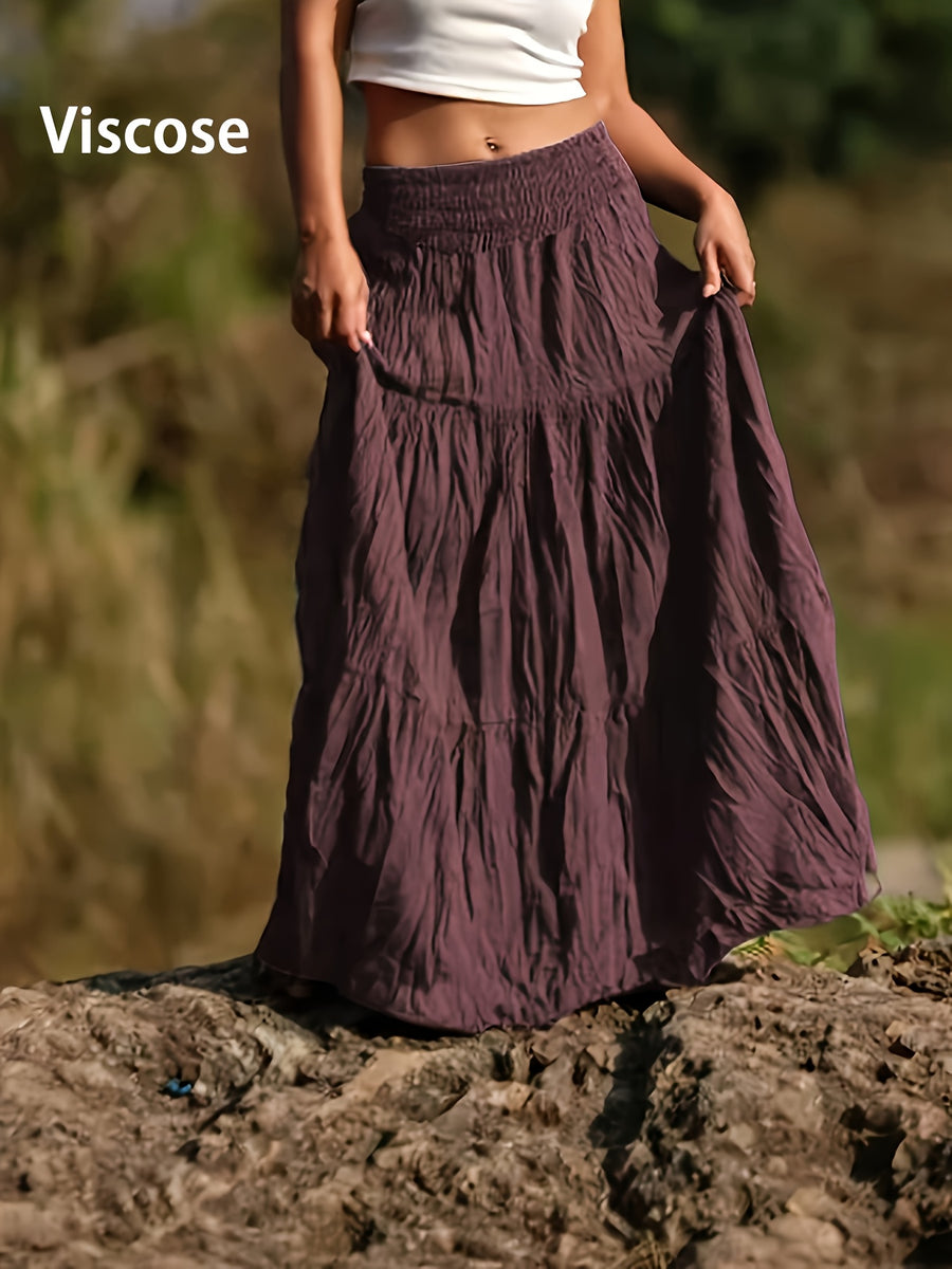 Women's Casual Western-Style Long Pleated Skirt with Drawstring Waist, Multi-Layer Texture for Vacation, Leisure, and Daily Wear - Fuchsia