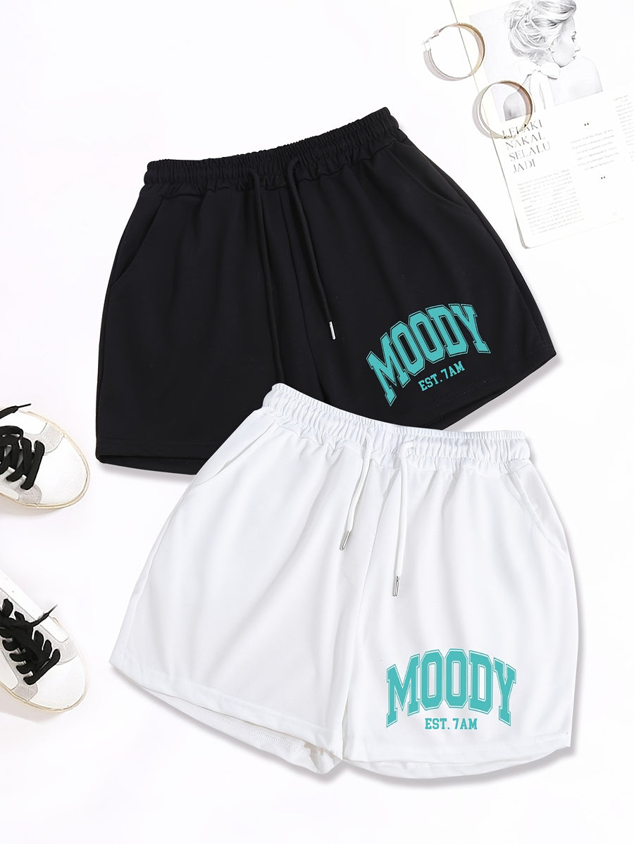 2pcs, Letter Print Drawstring Shorts, Casual Shorts, Women'S Clothing - Black+White