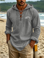 Men'S Linen Long Sleeve Hooded Top, Mountain Scenery Print on Chest for Statement Piece, Cross-Strap V-Neck Design with Curved Hem, Ideal for Beach Trips And Short Stays - Dark Gray