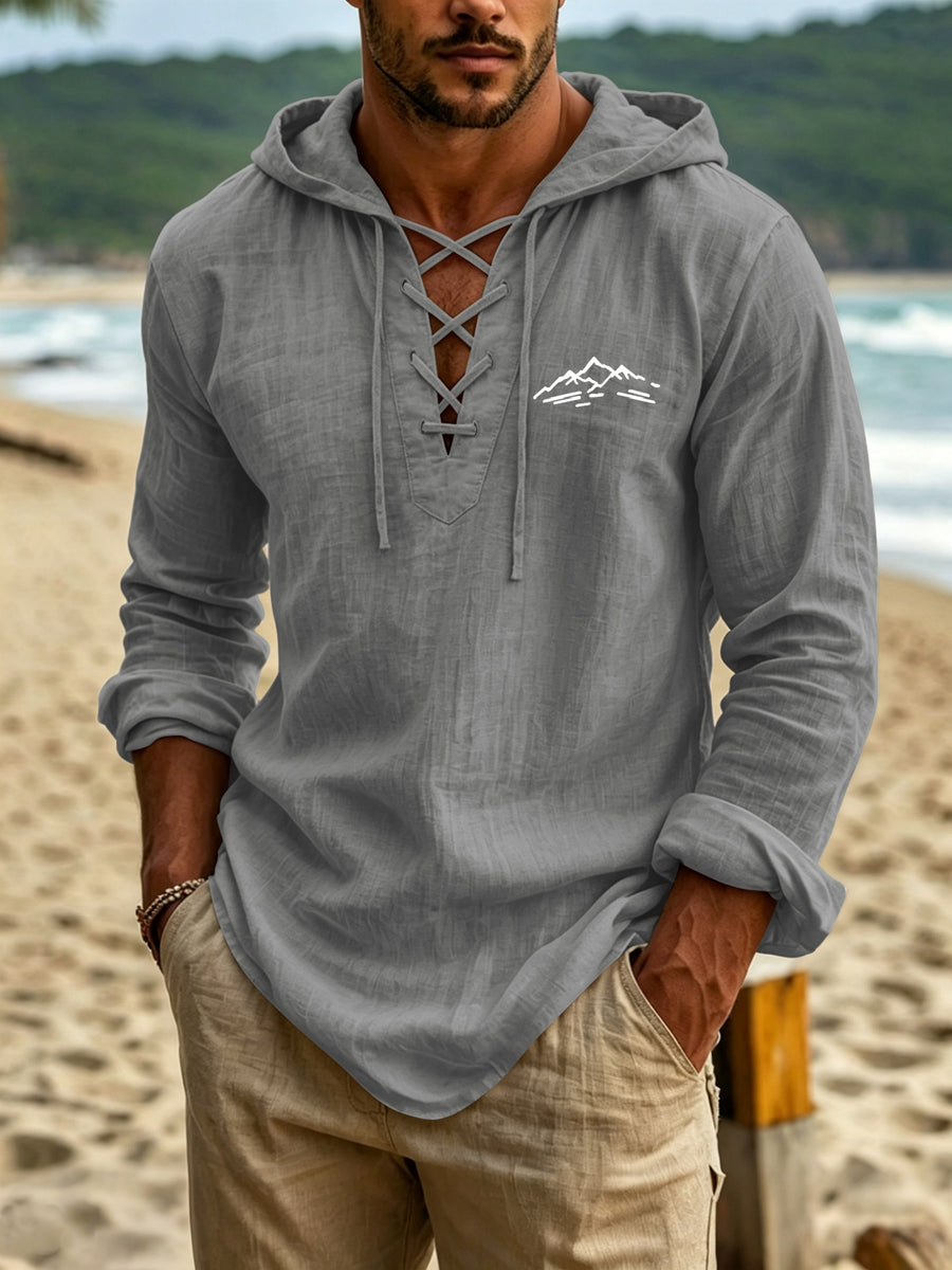 Men'S Linen Long Sleeve Hooded Top, Mountain Scenery Print on Chest for Statement Piece, Cross-Strap V-Neck Design with Curved Hem, Ideal for Beach Trips And Short Stays - Dark Gray