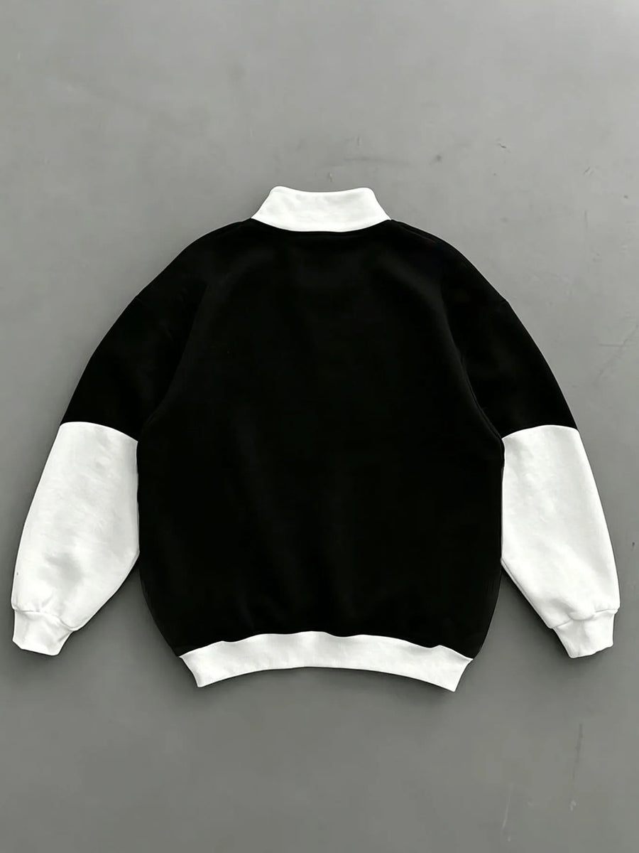 Men'S Individual Multi-Pattern Geometric Print Stand-Collar Sweatshirt, Black And White Contrast Color Patchwork Design, Quarter-Zip with Stand-Collar, Retro Motorcycle Style Sweatshirt - Black