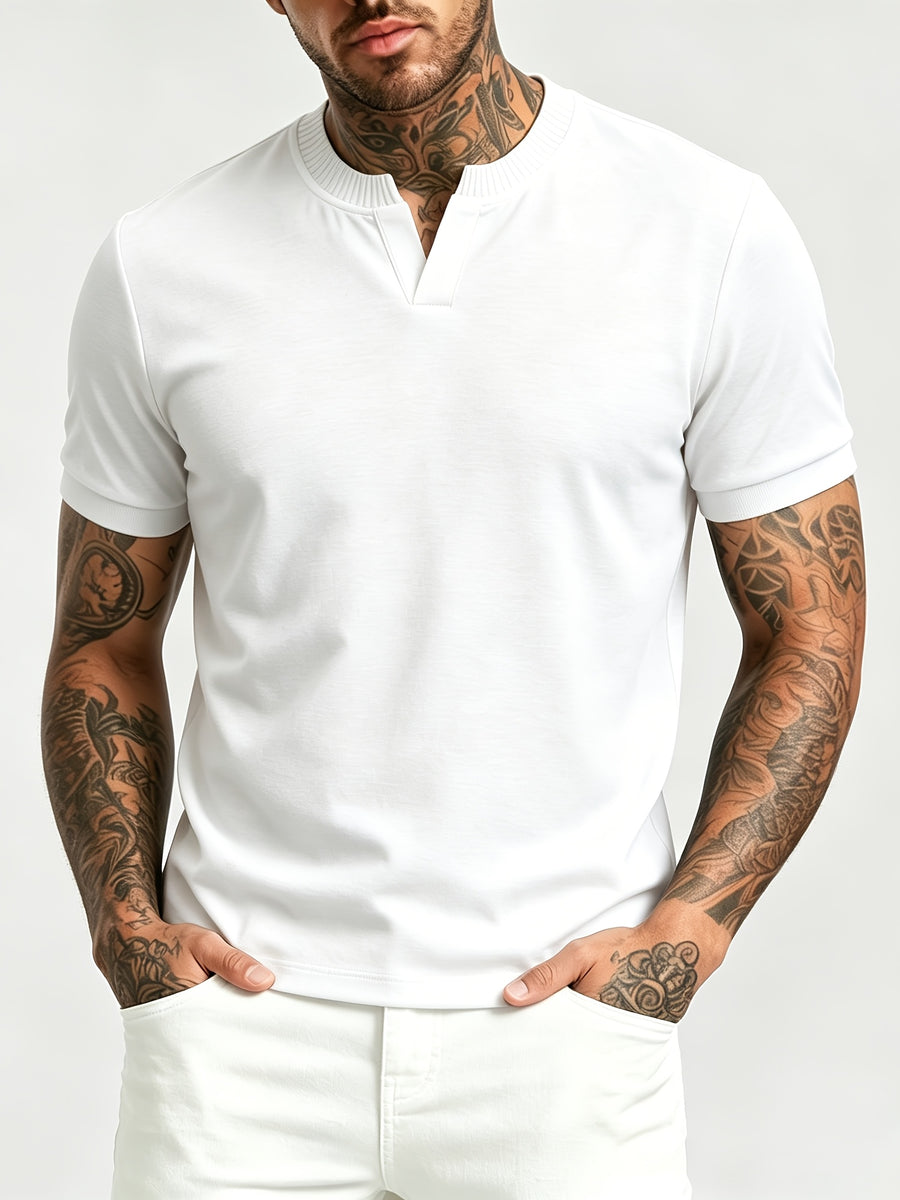 [Pearson OBM] Summer Cool Short Open V-Neck Men'S Henley Shirt, Stretchy Comfortable Solid Base Layer, Breathable And Flat Fit, Practical Men'S Birthday Gift Holiday Item, All-Scene Wear for Fitness, Hiking, Home, And Vacation - White