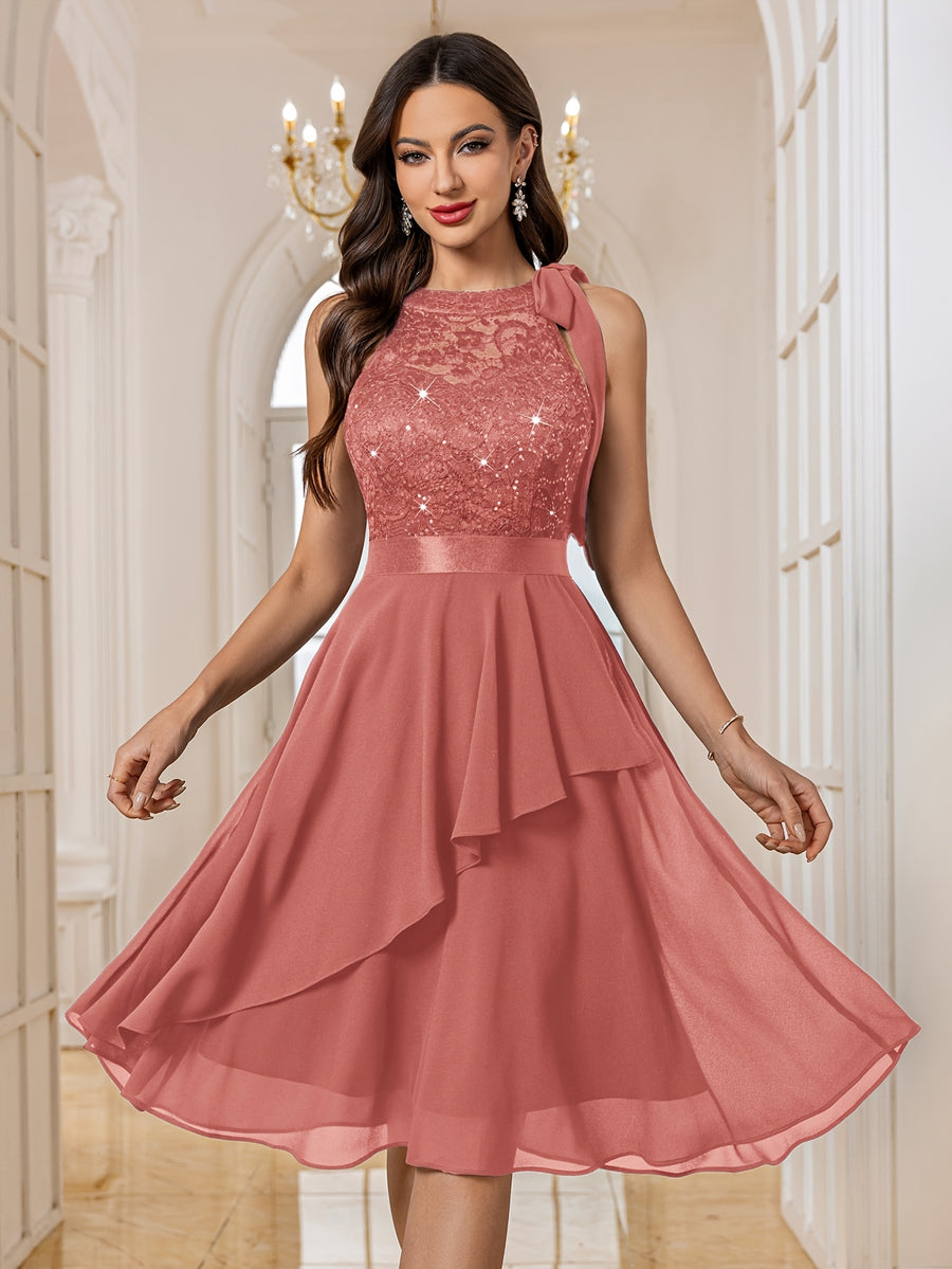 84170A Women's Elegant Round Neck Bow Tie Detail Back Cut-Out Sequin Lace Patchwork Chiffon Asymmetrical Ruffle Hem Midi Party Gown Evening Dress - Cinnamon