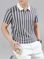 [Star Prosperity Selection] Summer Men'S Lapel Polo Shirt, Trendy Fashionable All-Match Zipper Striped Top, Business Casual Short Sleeve T-Shirt, Suitable for Daily Work Scenarios - Grey