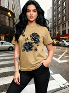 A Stylish And Breathable T-Shirt Featuring a Luxurious Vintage Design with a Black And Golden Rose Pattern, Perfect for Family Trips, Campus Events, Casual, Daily Commutes, Matching Outfits for Sisters, And Versatile Wear - Khaki