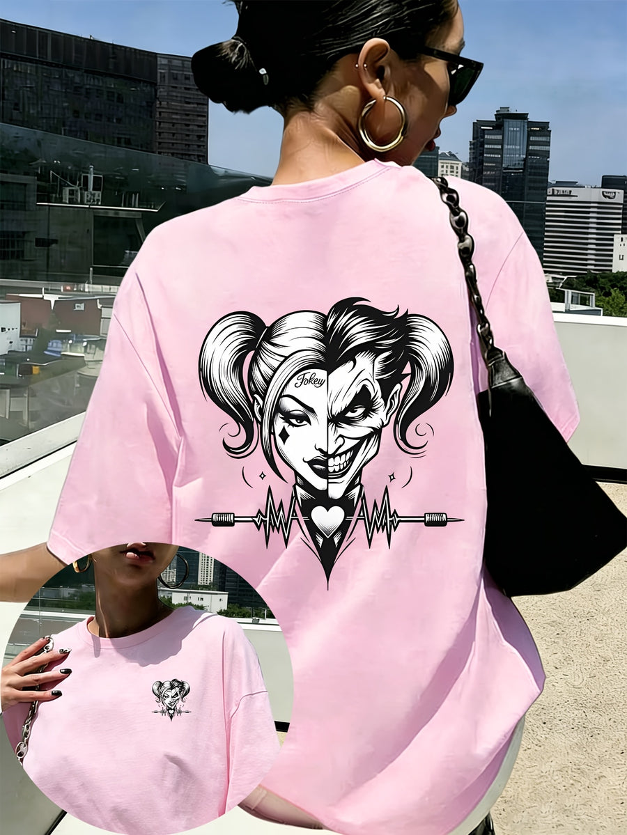 Women'S New Short-Sleeved T-Shirt, 100% T-Shirt Top, WB Brand Authorized "Joker" Joker Quinn Print Summer Breathable Top, Slim-Fit Women'S T-Shirt, Fashionable Women'S Clothing - Pink