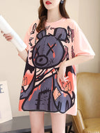 New Summer Collection of Plus-Size Loose-Fitting Stylish Cartoon Print Women'S Mid-Length Short-Sleeve T-Shirts - K54-F