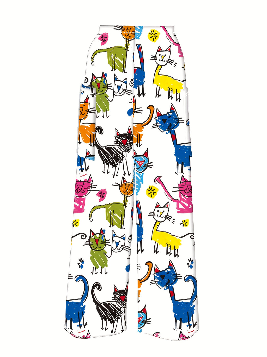 Women'S Colorful Cat Art Digital Print Wide-Leg Pants, Featuring a Casual And Fun High-Waisted Design Suitable for Everyday Wear, Perfect for All Seasons And Machine Washable - White