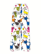 Women'S Colorful Cat Art Digital Print Wide-Leg Pants, Featuring a Casual And Fun High-Waisted Design Suitable for Everyday Wear, Perfect for All Seasons And Machine Washable - White