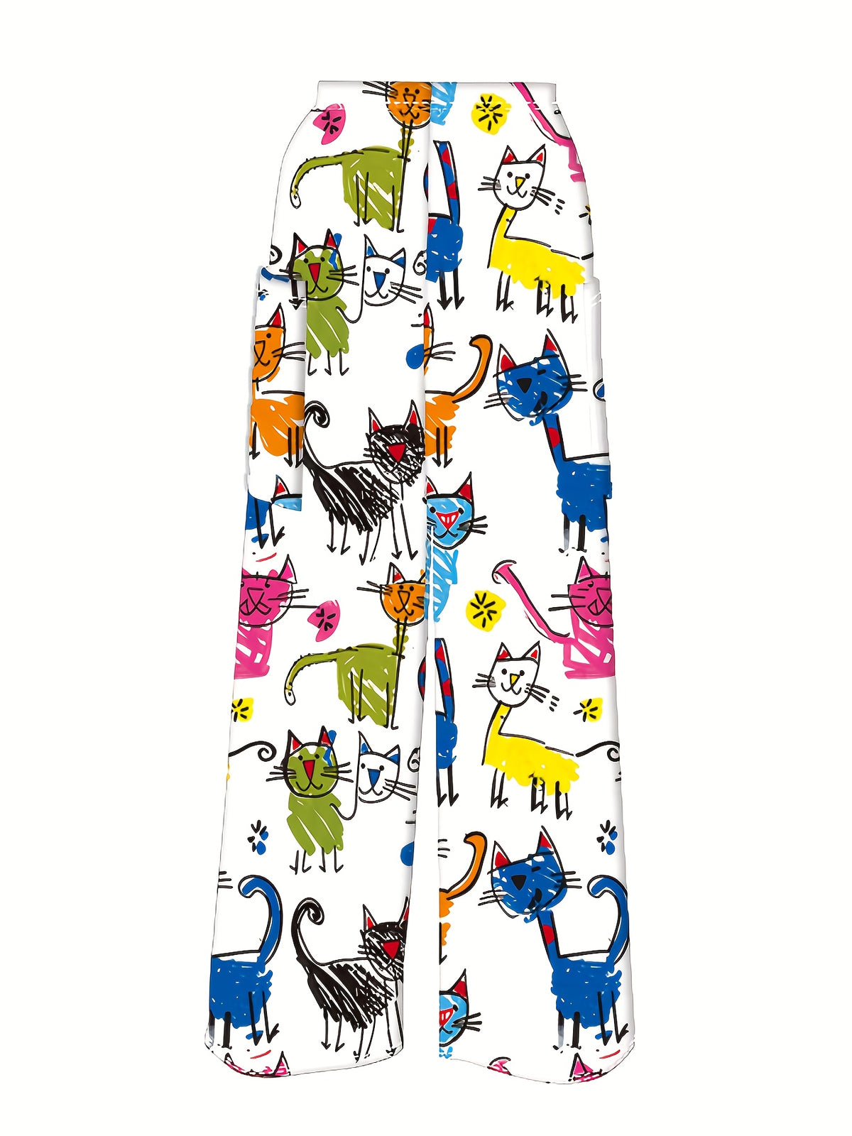 Women'S Colorful Cat Art Digital Print Wide-Leg Pants, Featuring a Casual And Fun High-Waisted Design Suitable for Everyday Wear, Perfect for All Seasons And Machine Washable - White