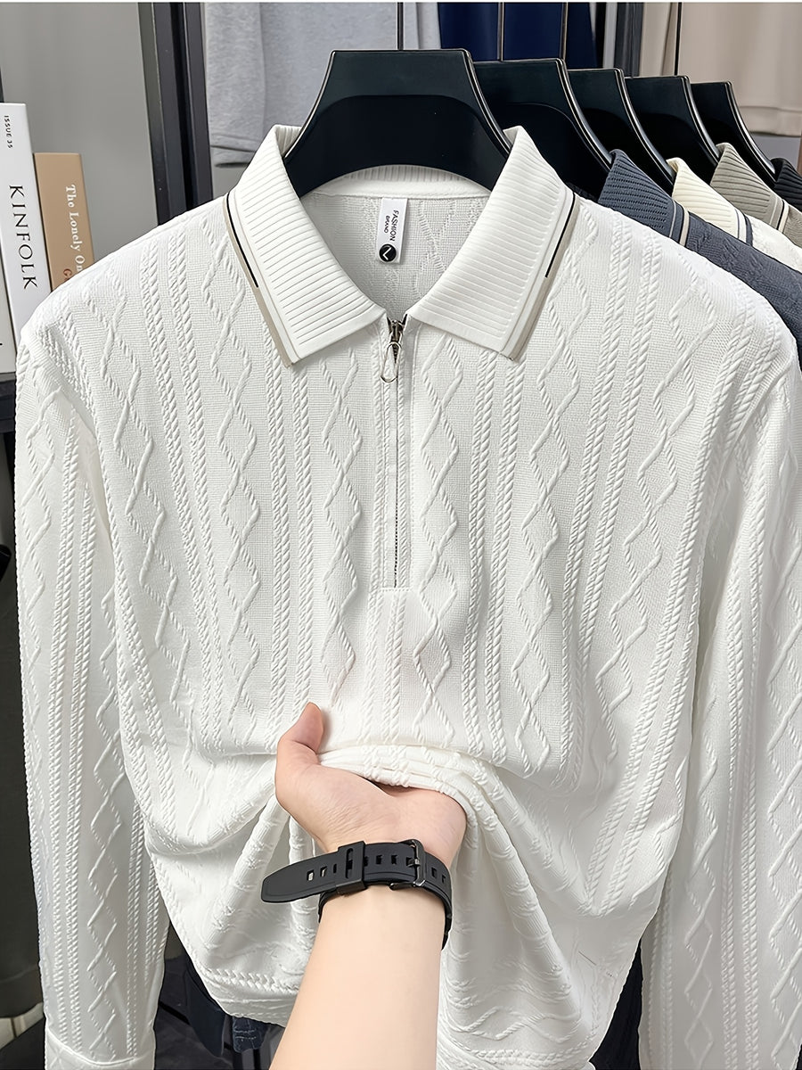 Men's Half-Zip Lapel Long-Sleeve Polo Shirt, Full-Rhombus Jacquard Texture, Contrast-Color Ribbed Collar, Simple Light-Luxury Top, for Business Receptions, Daily Commuting, Loose-Fit Men's Long-Sleeve T-Shirt - White