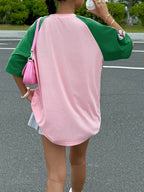 Women'S Striped Contrast Off-Shoulder Loose Casual Round Neck T-Shirt, Summer - Pink Color