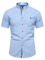 Men'S Stand-Up Collar Short Sleeve Shirt, High-Quality Solid Color Business Casual Top, Suitable for Spring Summer - Blue