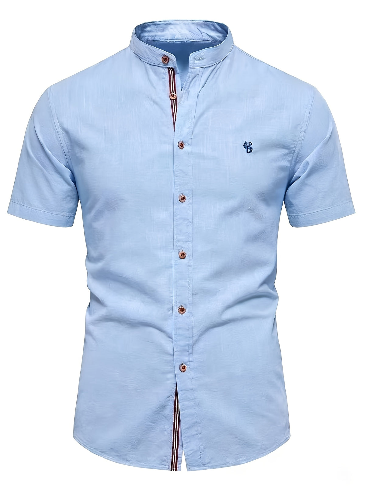 Men'S Stand-Up Collar Short Sleeve Shirt, High-Quality Solid Color Business Casual Top, Suitable for Spring Summer - Blue