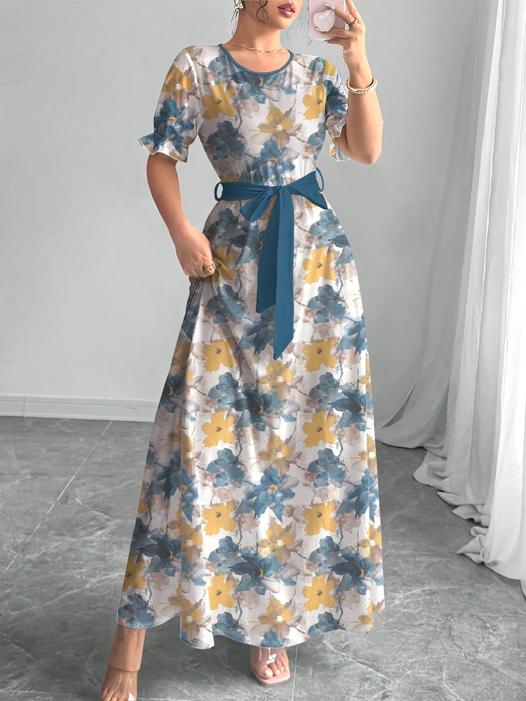 Holiday Gathering Vacation Dress Printed Dress Women'S Fashion Round Neck Short Puff Sleeve Skirt Design with Belt Waist-Cinching Long Dress Elegant Summer Dress ASD1 - Yellow-green