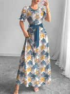 Holiday Gathering Vacation Dress Printed Dress Women'S Fashion Round Neck Short Puff Sleeve Skirt Design with Belt Waist-Cinching Long Dress Elegant Summer Dress ASD1 - Yellow-green