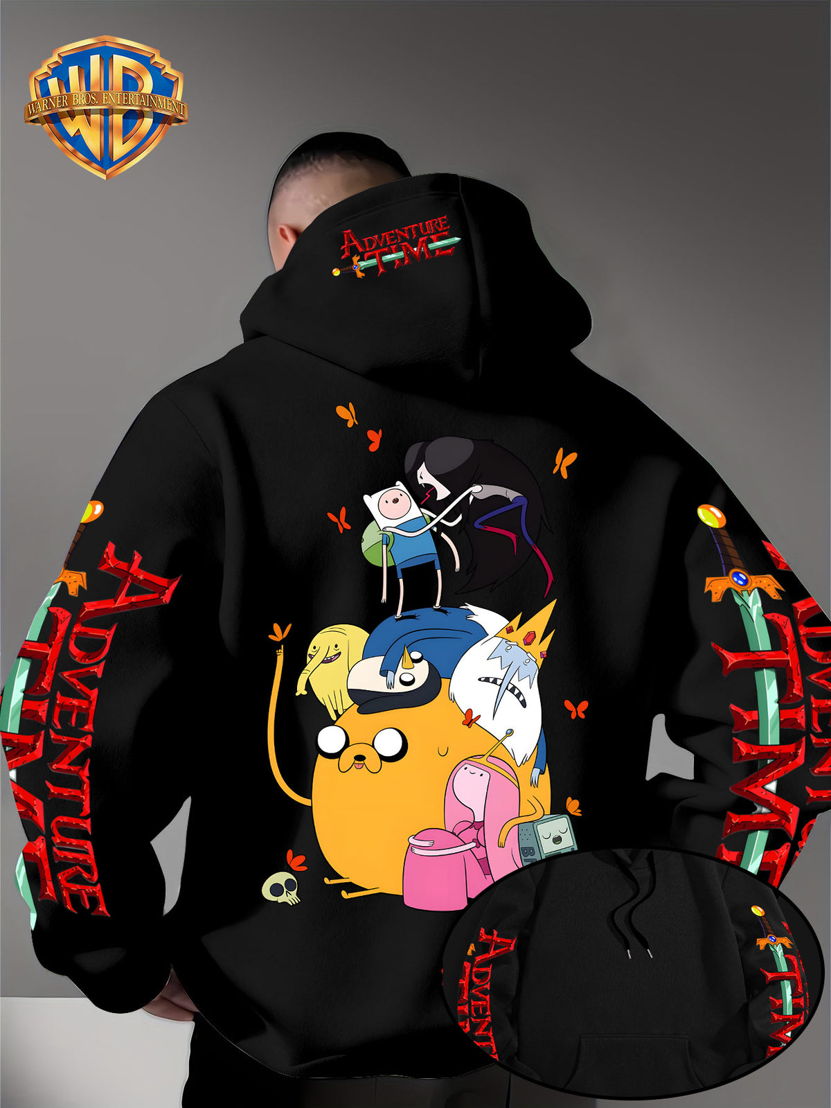 Warner Bros. Men's Adventure Time Full Cast Themed Trendy Fashion Pullover Hoodie with Family Portrait Character Print - Black