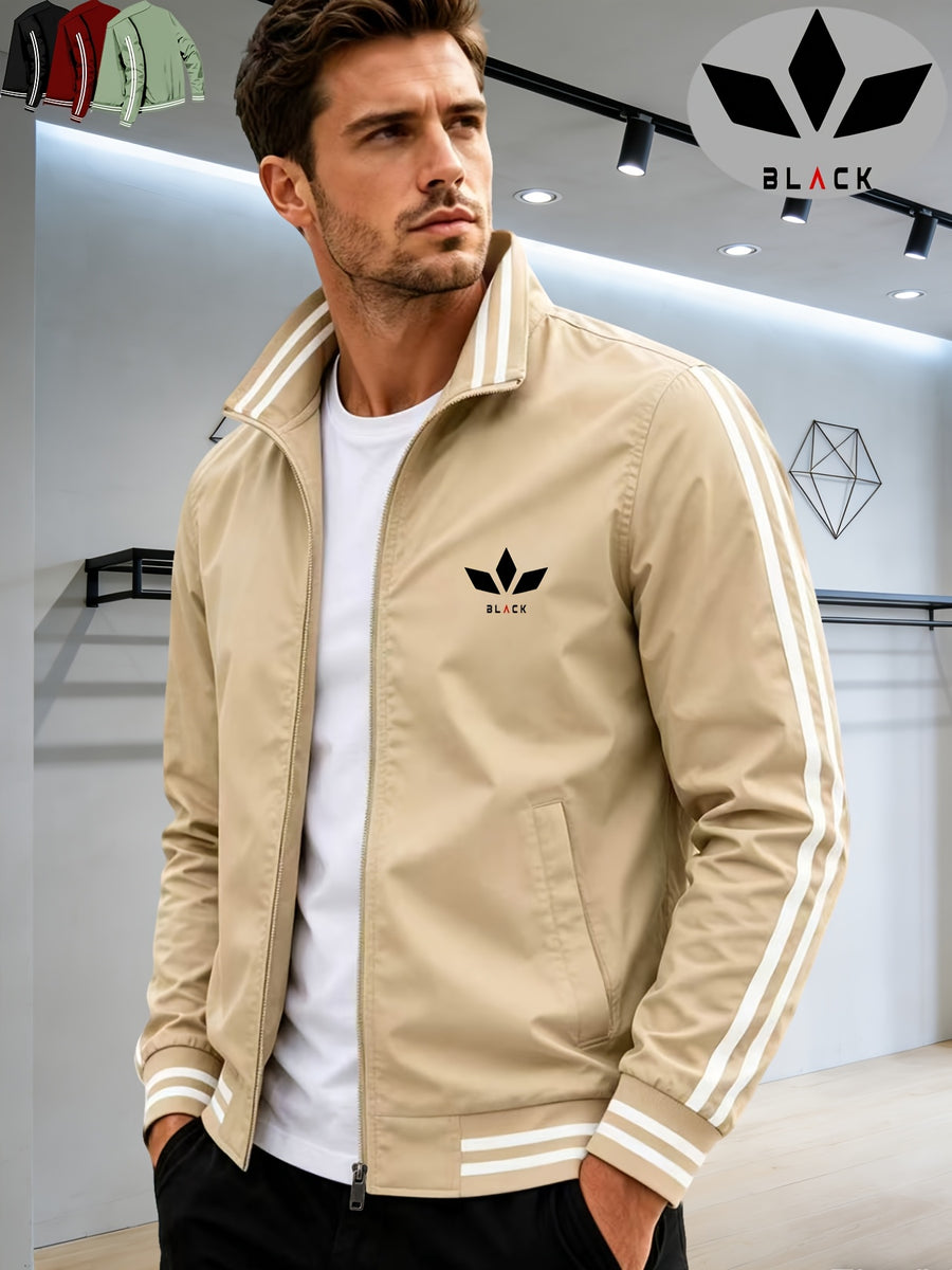 Men's Spring/Autumn Stand Collar Baseball Jacket with "BLACK" Lettering and Diamond Pattern Print, Zipper Front with Contrast Stripes, Lightweight Casual Windproof Sports Jacket - Khaki