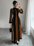 Fashionable Elegant Faux Two-Piece Fall/Winter New Floral Print Long Sleeve Maxi Dress - Amber