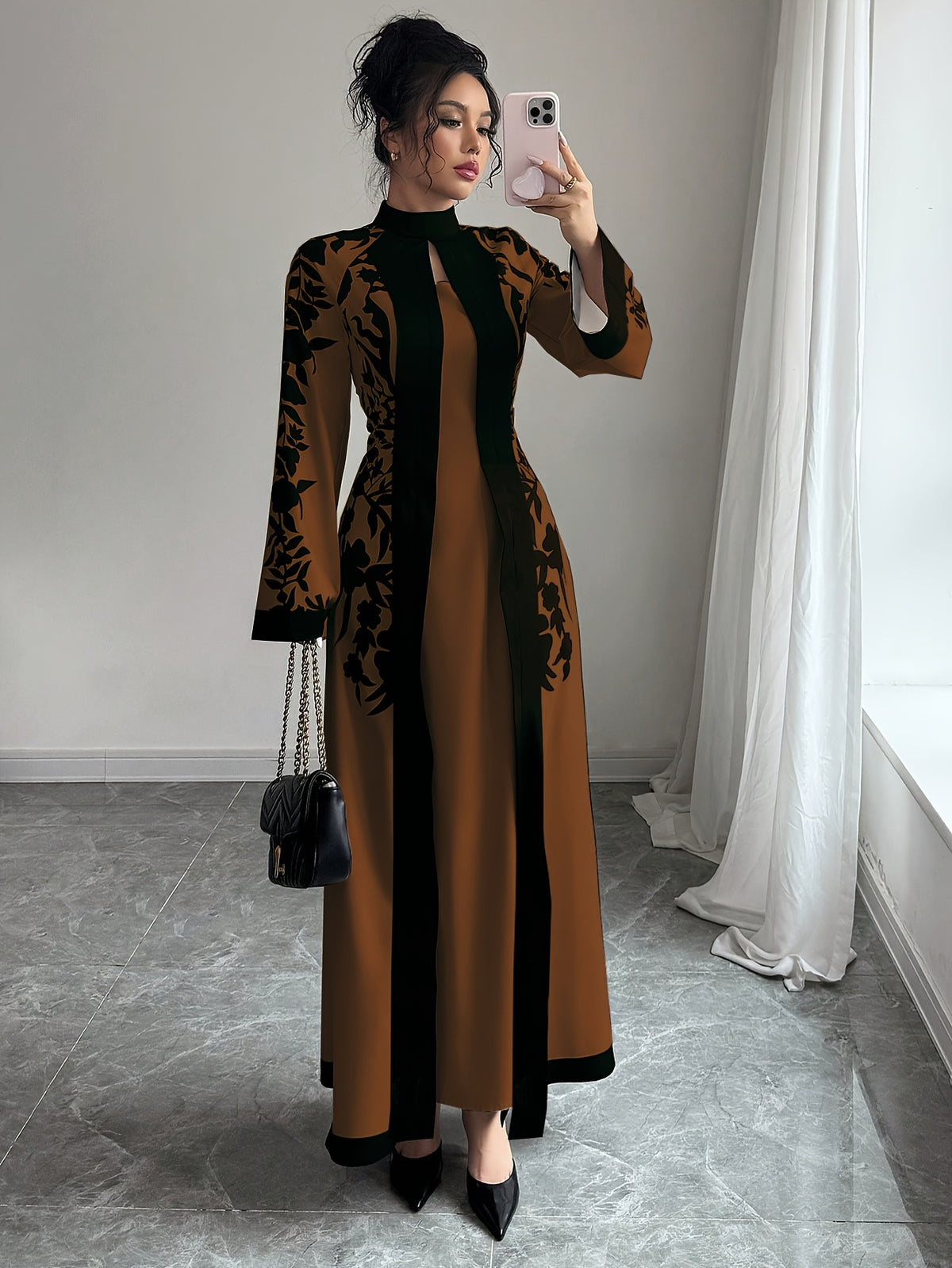 Fashionable Elegant Faux Two-Piece Fall/Winter New Floral Print Long Sleeve Maxi Dress - Amber