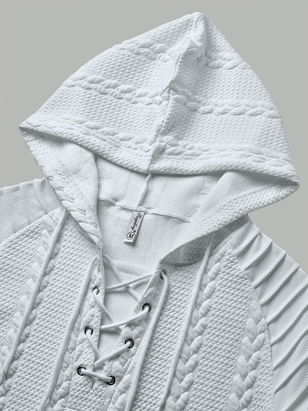 ROYALBOY Textured Jacquard Fabric Contrast Color Pleated Ribbed Sleeves Drawstring Design Fashionable Outdoor Casual Hooded Sportswear Top, Autumn Menswear - White